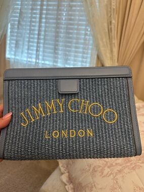Jimmy Choo Avenue London Raffia Embroidered Logo Clutch